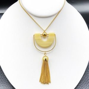 J Crew Pendant Necklace Bead & Tassel Lucite Gold Tone Fringe Long Modern Chain